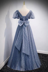 Blue V-Neck Tulle Long Prom Dresses, A-Line Evening Dresses