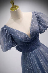 Blue V-Neck Tulle Long Prom Dresses, A-Line Evening Dresses
