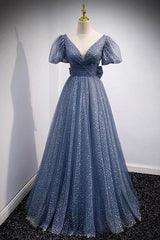 Blue V-Neck Tulle Long Prom Dresses, A-Line Evening Dresses