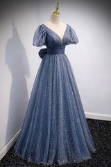 Blue V-Neck Tulle Long Prom Dresses, A-Line Evening Dresses