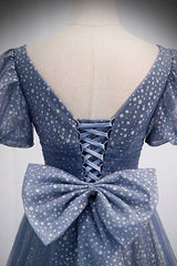 Blue V-Neck Tulle Long Prom Dresses, A-Line Evening Dresses