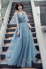 Blue V-Neck Tulle Long Prom Dreses, A-Line Evening Dresses