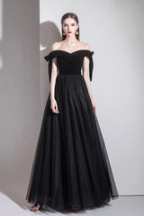 Black Tulle Off the Shoulder Prom Dress, Black A-Line Party Evening Dress
