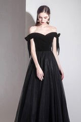 Black Tulle Off the Shoulder Prom Dress, Black A-Line Party Evening Dress