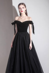 Black Tulle Off the Shoulder Prom Dress, Black A-Line Party Evening Dress