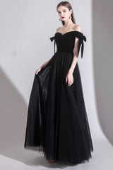 Black Tulle Off the Shoulder Prom Dress, Black A-Line Party Evening Dress