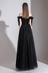 Black Tulle Off the Shoulder Prom Dress, Black A-Line Party Evening Dress