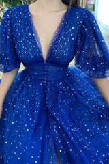 Cute V-Neck Tulle Short Prom Dress, Lovely Puff Sleeve Homecoming Dress