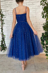 Blue Tulle Short Prom Dresses, A-Line Spaghetti Strap Evening Dresses