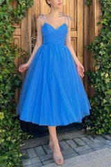 Blue V-Neck Tulle Short Prom Dress, Blue A-Line Party Dress