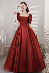 Burgundy Satin Long Prom Dresses, A-Line Short Sleeve Evening Dresses