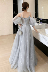 Gray Tulle Sequins Long Prom Dresses, A-Line Evening Dresses