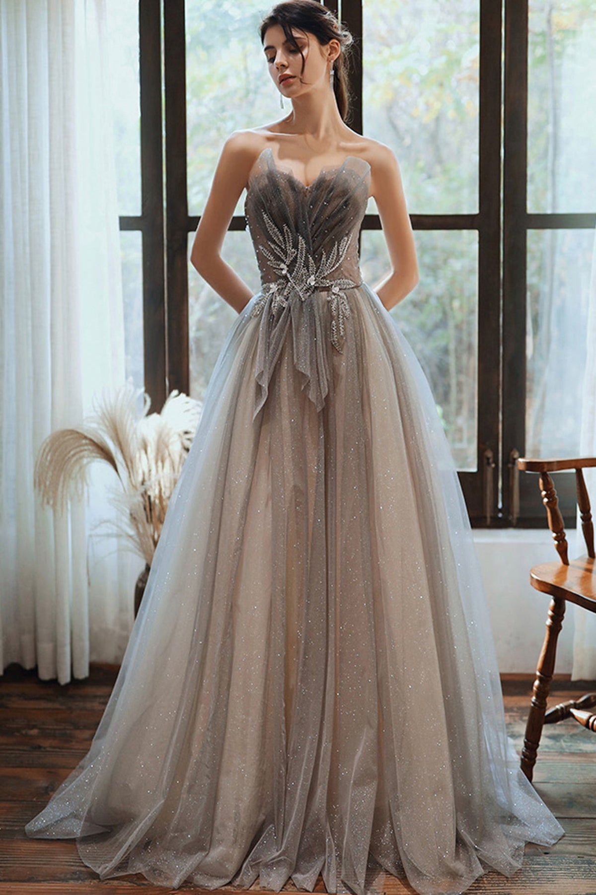 Gray Tulle Strapless Long Prom Dresses, A-Line Formal Evening Dresses
