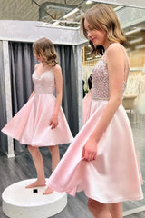 Pink Satin Beaded Short Prom Dress, Cute A-Line Backless Party Dress