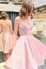 Pink Satin Beaded Short Prom Dress, Cute A-Line Backless Party Dress