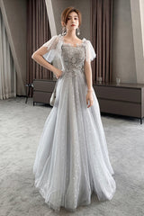 Gray Tulle Sequins Long Prom Dresses, A-Line Evening Dresses