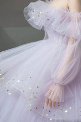 Purple Tulle Layers Long A-Line Prom Dress, Cute Long Sleeve Evening Gown