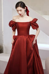 Burgundy Satin Long Prom Dresses, A-Line Short Sleeve Evening Dresses