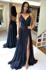 Black V Neck Tulle Long Prom Dresses, A-Line Backless Evening Dresses