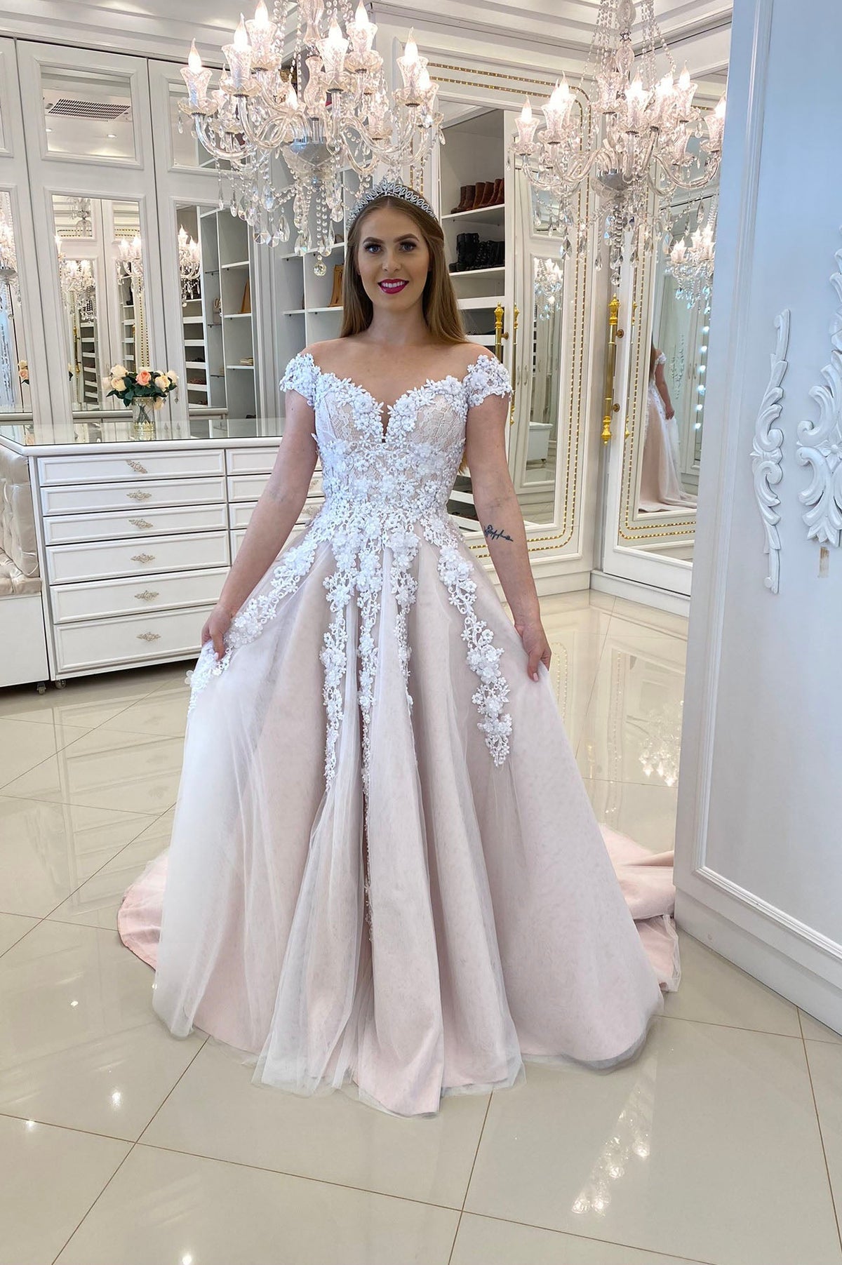 A-Line Tulle Lace Long Prom Dresses, Off the Shoulder Evening Dresses