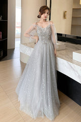 Gray Tulle Sequins Long Prom Dresses, A-Line Evening Dresses