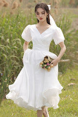 White V-Neck Tulle Short Prom Dress, A-Line Short Sleeve Party Dress