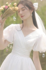 White V-Neck Tulle Short Prom Dress, A-Line Short Sleeve Party Dress
