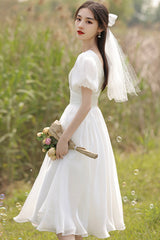 White V-Neck Tulle Short Prom Dress, A-Line Short Sleeve Party Dress