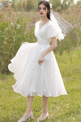 White V-Neck Tulle Short Prom Dress, A-Line Short Sleeve Party Dress