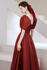 Burgundy Satin Long Prom Dresses, A-Line Short Sleeve Evening Dresses