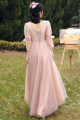 Pink Lace Long Prom Dresses, Lovely A-Line Evening Dresses