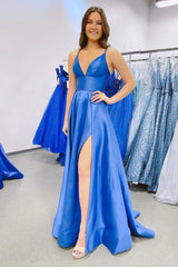 Blue V-Neck Satin Long Prom Dresses, Blue Evening Dresses with Slit