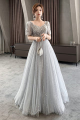 Gray Tulle Sequins Long Prom Dresses, A-Line Evening Dresses