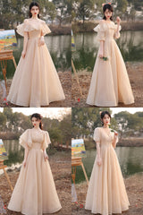 Cute Tulle Long A-Line Prom Dresses, Champagne Lace-Up Party Dresses