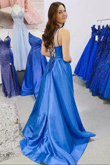 Blue V-Neck Satin Long Prom Dresses, Blue Evening Dresses with Slit