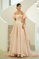 Pink Satin Long Prom Dresses, A-Line Off the Shoulder Evening Party Dresses