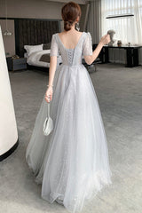 Gray Tulle Sequins Long Prom Dresses, A-Line Evening Dresses