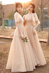 Cute Tulle Long A-Line Prom Dresses, Champagne Lace-Up Party Dresses