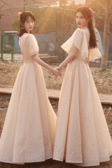 Cute Tulle Long A-Line Prom Dresses, Champagne Lace-Up Party Dresses
