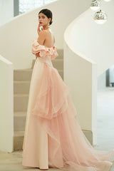 Pink Satin Long Prom Dresses, A-Line Off the Shoulder Evening Party Dresses