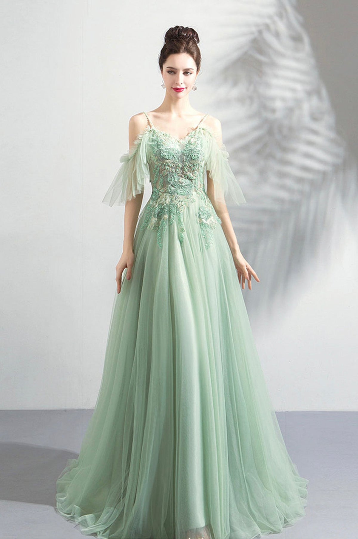 Green Lace Floor Length Prom Dresses, A-Line Off the Shoulder Evening Dresses