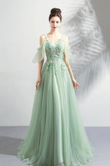 Green Lace Floor Length Prom Dresses, A-Line Off the Shoulder Evening Dresses