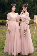 Pink Lace Long Prom Dresses, Lovely A-Line Evening Dresses