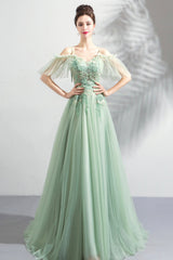 Green Lace Floor Length Prom Dresses, A-Line Off the Shoulder Evening Dresses