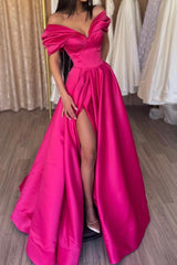 A-Line Satin Spalit Long Prom Dress, Off the Shoulder Evening Dress