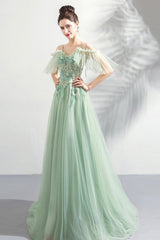 Green Lace Floor Length Prom Dresses, A-Line Off the Shoulder Evening Dresses