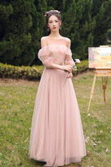 Pink Lace Long Prom Dresses, Lovely A-Line Evening Dresses