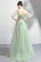 Green Lace Floor Length Prom Dresses, A-Line Off the Shoulder Evening Dresses