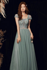 Beautiful Tulle Beaded Long Prom Dress,  A-Line Evening Dress