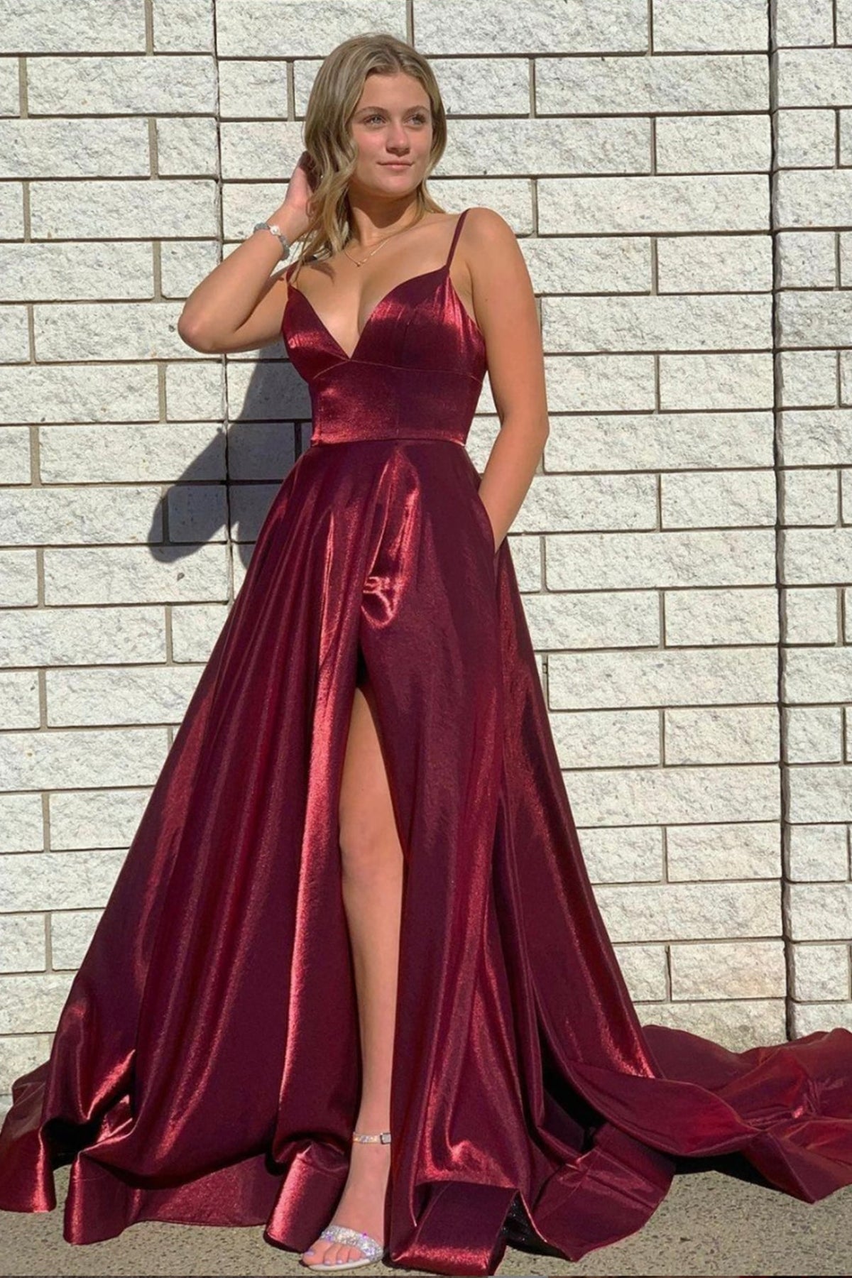 Burgundy Satin Long Prom Dresses, Simple A-Line Evening Dresses